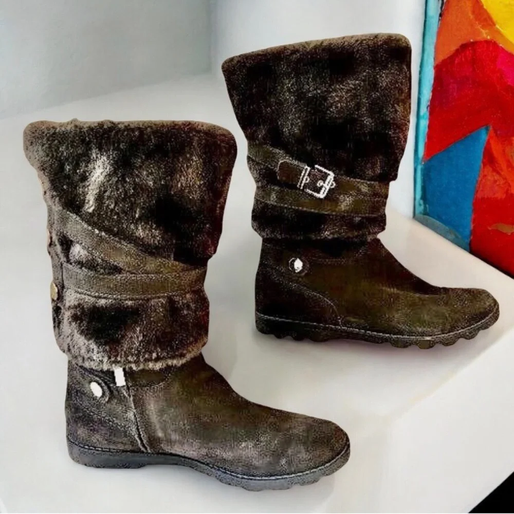 GEOX Mid-Calf Boot Dark Brown Suede Faux FUR Buckles Straps Studs
